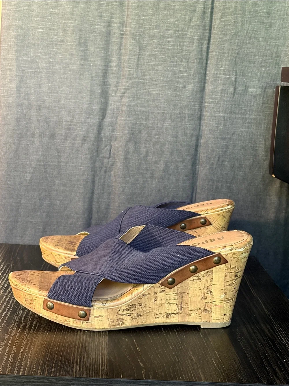 Report Navy Crisscross Cork Wedge Sandals